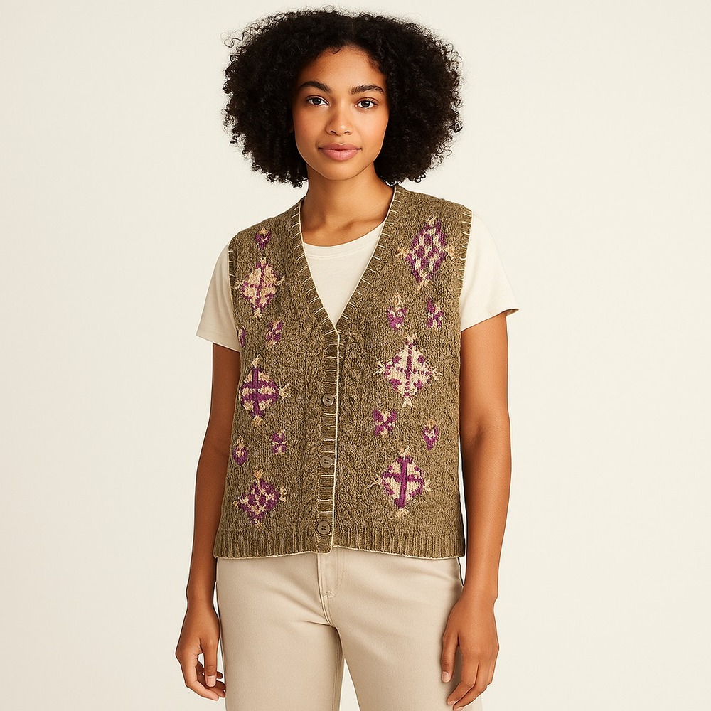 Vintage Northern Isle Sweater Womens‎ S Green Handknit Ethnic Cottagecore Vest